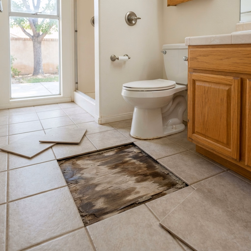 Catalog 01 Water Damage Under Bathroom Flooring in Riverside County.