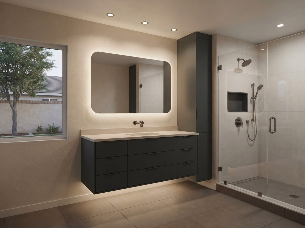Modern Minimalist Bathroom Lighting | Riverside County Modern Minimalist Bathroom Lighting in Riverside County.