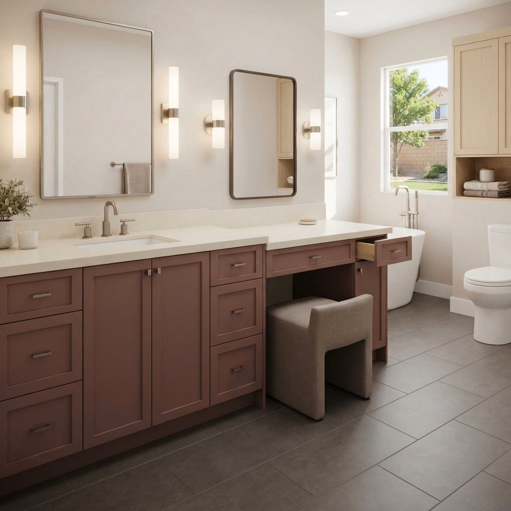 Makeup Vanity W Knee Drawer Vanity Installation in Riverside County.