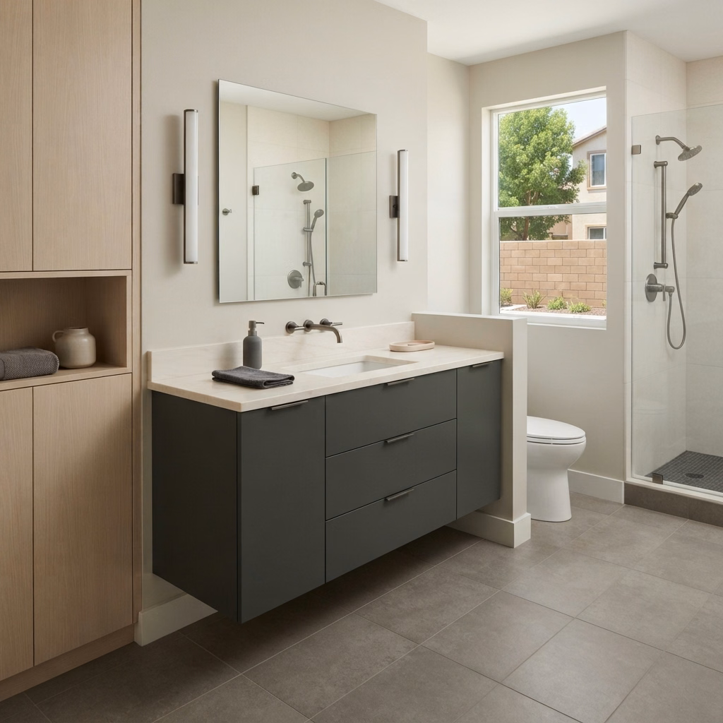 Modern Minimalist Vanity Installation in Riverside County.