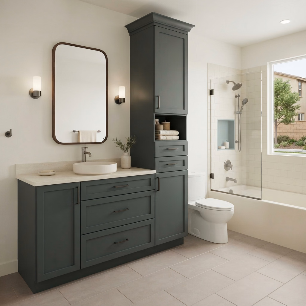 Vanity W Linen Pantry Cabinet Vanity Installation in Riverside County.