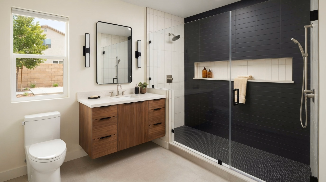 Black and White Contrast Shower Remodeling in Riverside County.