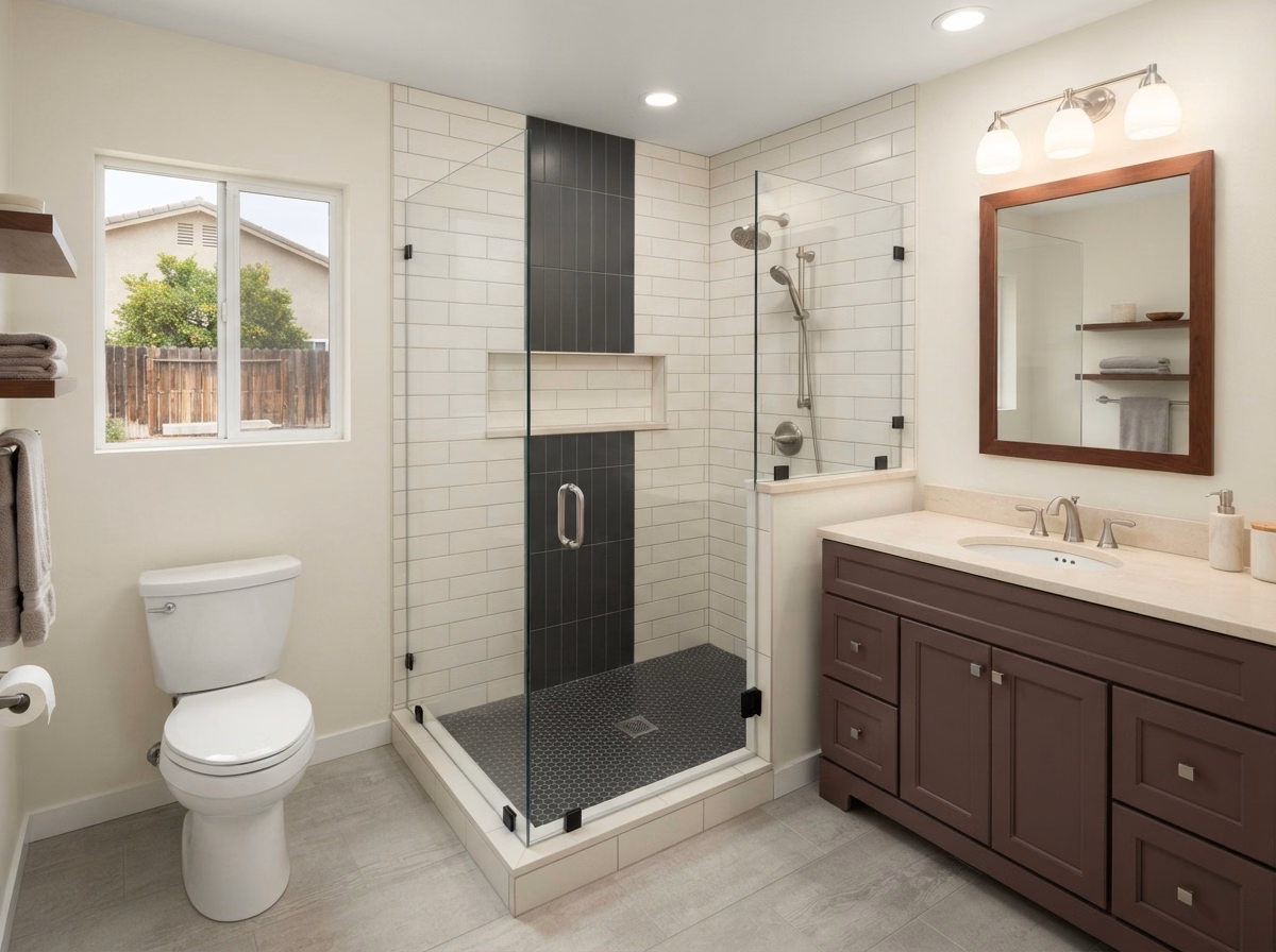 Black and White Hemet Ca Shower Remodeling in Riverside County.