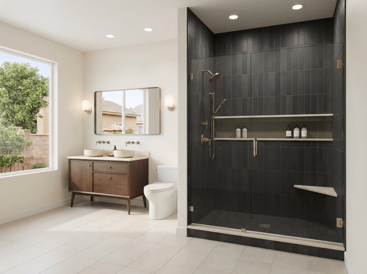 Dark Charcoal Tile Shower Remodeling in Riverside County.