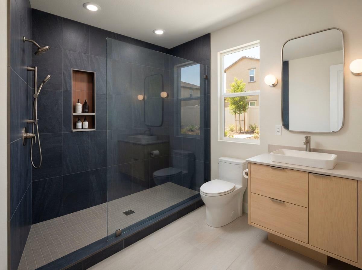 Dark Tile Menifee Ca Shower Remodeling in Riverside County.