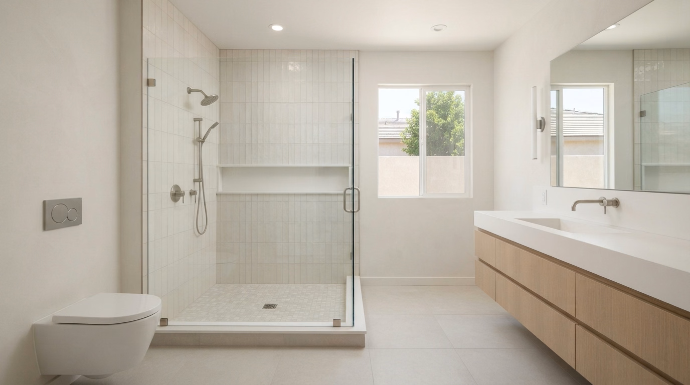Minimalist White Shower Remodeling in Riverside County.