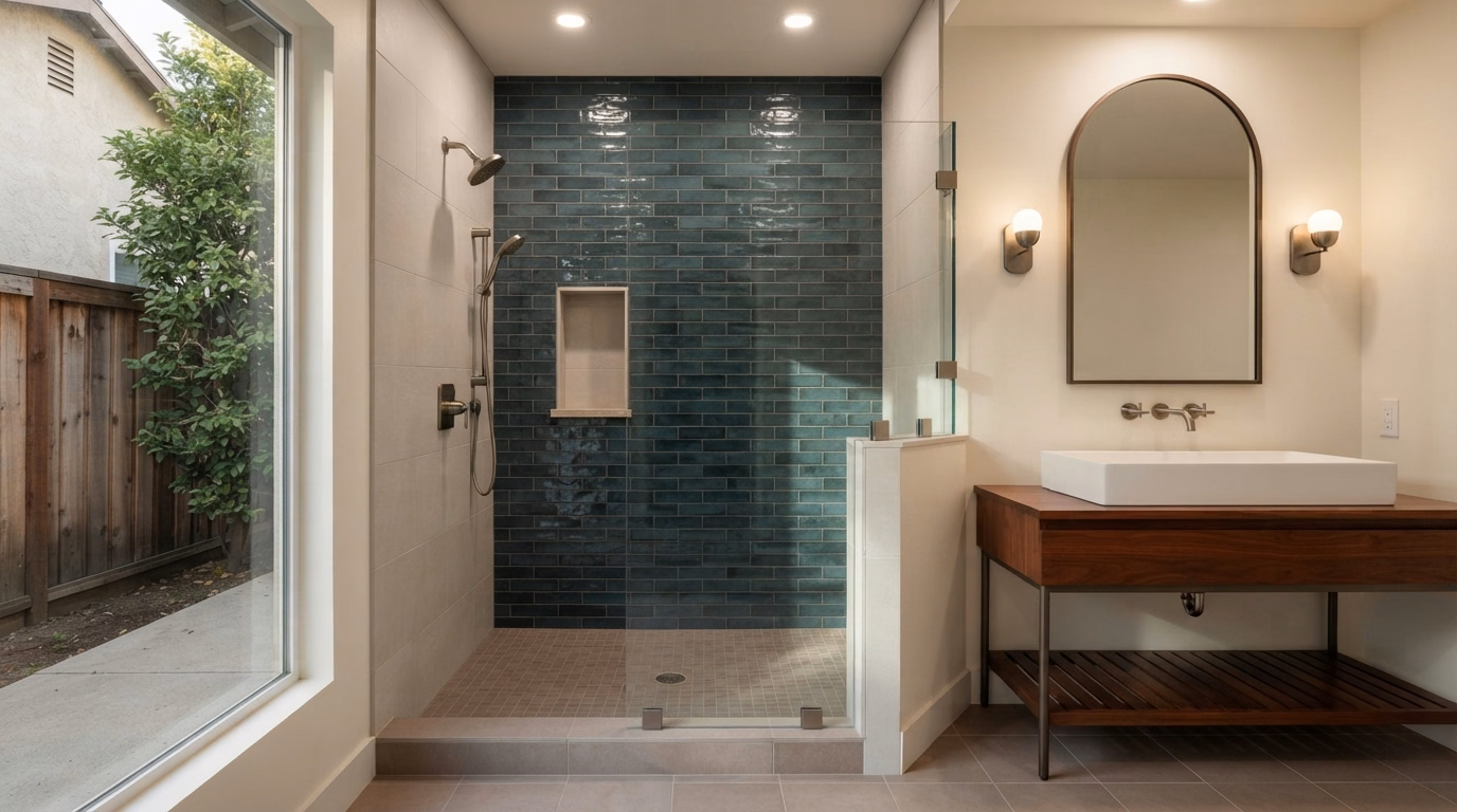 Textured Brick Tile Shower Remodeling in Riverside County.