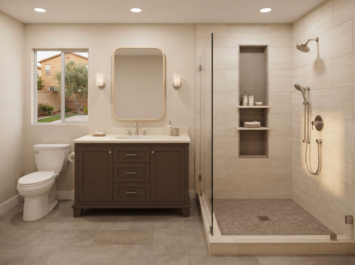 Warm Neutral Tile Shower Remodeling in Riverside County.