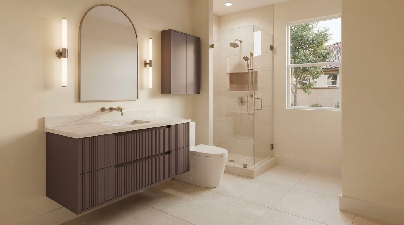Floating Vanity for Compact Bathrooms | Riverside County Floating vanity in a compact bathroom in Riverside County.