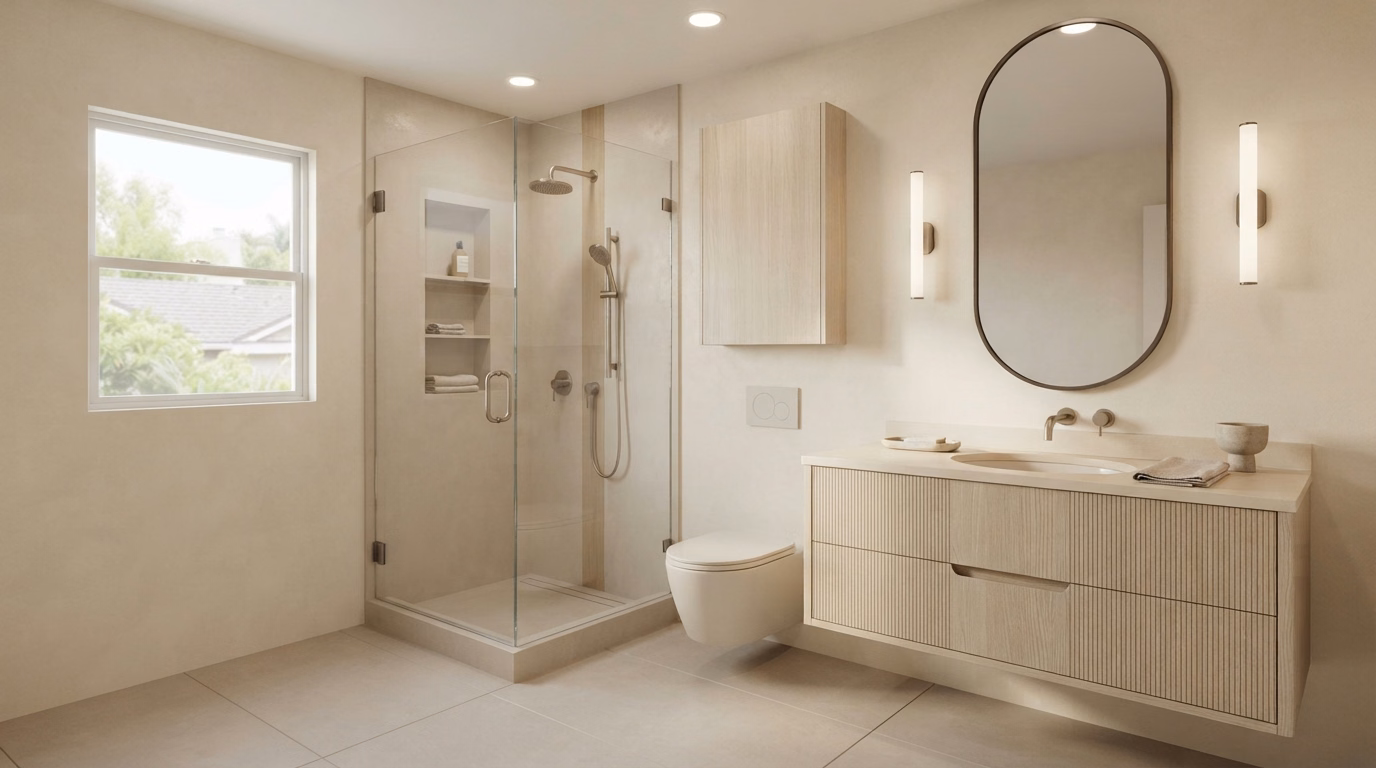 Small Bathroom Remodeling Style Guide Japandi in Riverside County.