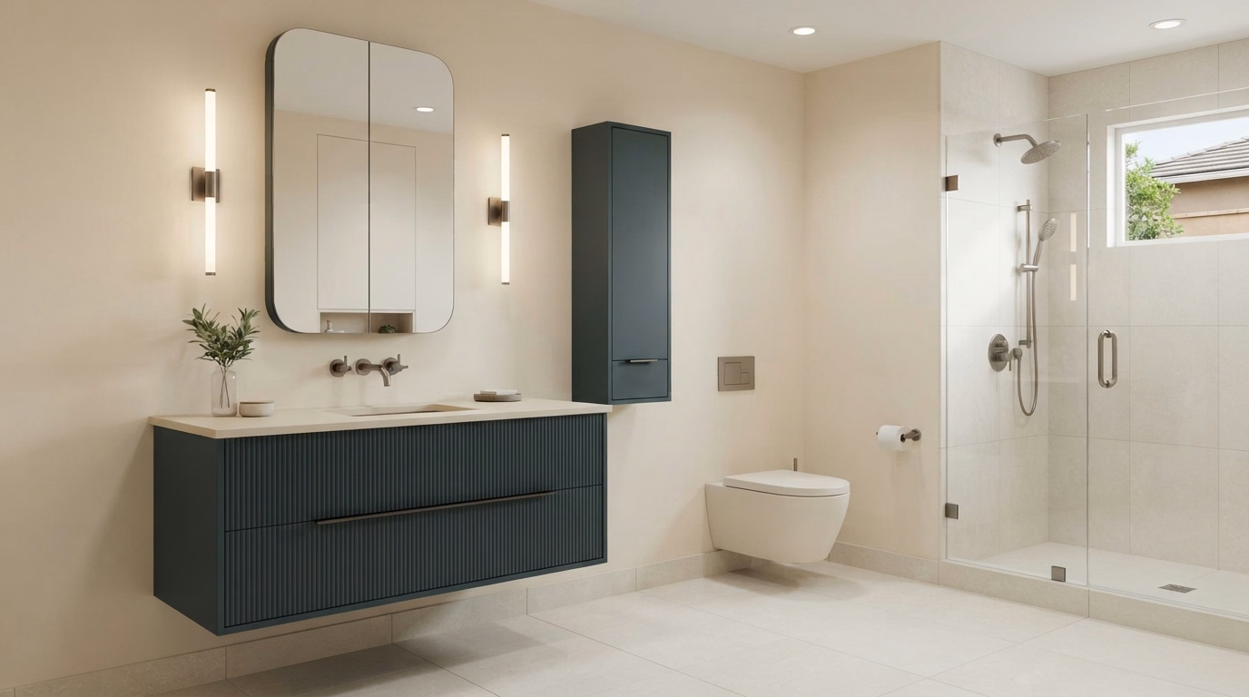 Wall-mounted cabinets and floating vanity in Riverside County.
