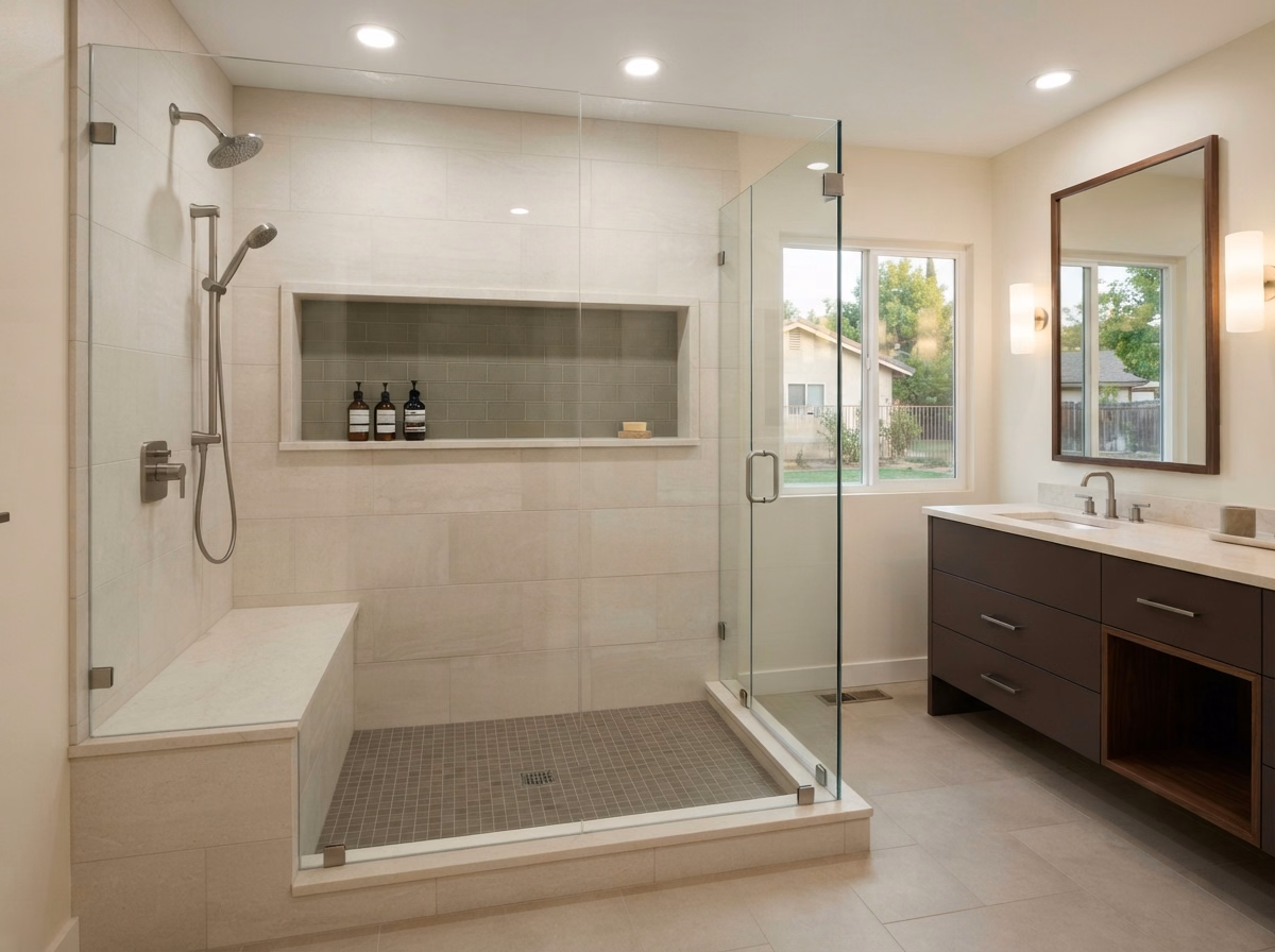 Built in Niches and Benches Tub to Shower Conversion in Riverside County.